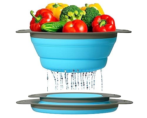 Ultimate Kitchen Strainers Set of 2 - Collapsible Silicone Colanders for Easy Storage by Comfify - Use with Pasta & Veggies or as a Fruit or Berry Bowl with Strainer - Irreplaceable for Campers - Blue