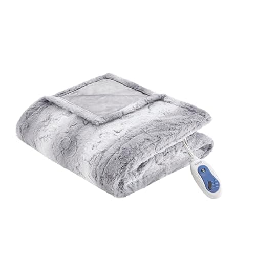 Beautyrest Zuri Reversible Faux Fur to Mink Electric Blanket, Auto Shut Off, Virtually Zero EMF, Multi Heat Setting, UL Certified, Machine Washable, Grey Tip Dye Throw 50x70