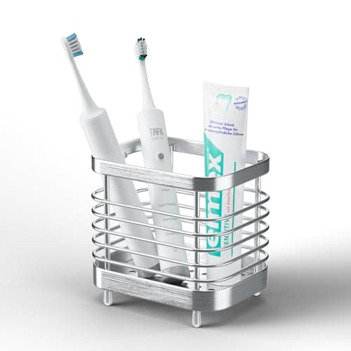 Oasiteege Countertop Toothbrush Holder for Bathroom, Stainless Steel Electric Tooth Brush Stand Storage Organizer with Drainage, Kids Toothpaste Holder Caddy, Silver Bathroom Sink Accessories Decor