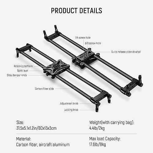 NEEWER 31.5 inches / 80 cm Carbon Fibre Camera Slider, Dolly with Thicker Tube and More Stable Support, 4 Precise Smooth Bearings and Levelling for DSLR Camera Camcorder, max Load 8 kg, CS80 cm 8