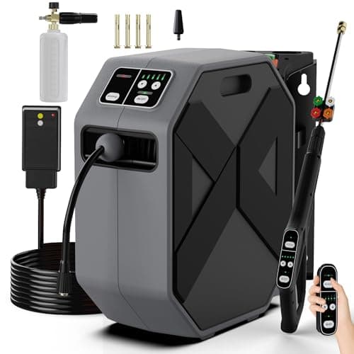 Wall Mounted Pressure Washer with 100FT Retractable Hose, 5-Stage Adjustable Pressure, Foam Cannon & 5 Nozzles for Car, Lane, Patio Cleaning, Dark