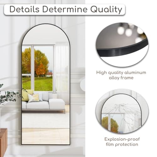 FVANF Floor Mirror, Arched Full Length Mirror Standing Hanging or Leaning Against Wall, Body for Bedroom, Wall-Mounted with Aluminum Alloy Frame, 64"x21" (Blck) 8