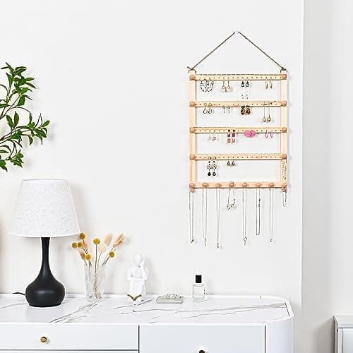 Lolalet Hanging Jewelry Organizer, 5-Tier Wooden Earring Wall Holder Jewelry Display Rack for Earrings Dangles Necklaces Bracelets -Natural 6