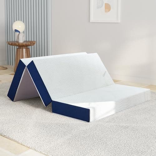 Generic Tri Folding Mattress, 6 inch Memory Foam Mattress Topper with Bamboo Cover for Camping, Guest, Full Size - 52""x 73""x 6"", White