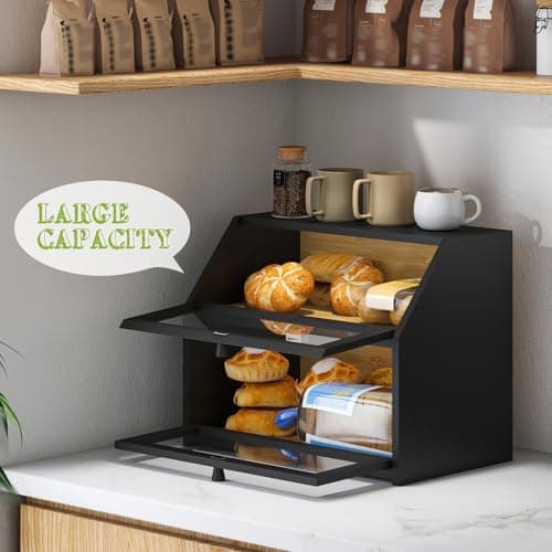 BMOSU Farmhouse Bread Box for Kitchen Countertop Bread box Double Layer Bamboo Wooden Extra Large Capacity Bin Kitchen Food Storage Container(Black) 6