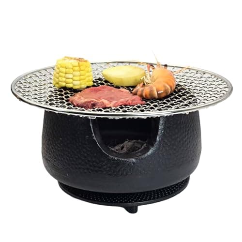 Cast Iron Teapot Warmer with Candle, Small Heavy Charcoal Stove for Tea Pot, Tea Kettle Warmer Set with Trivet, Barbecue Grill, ​Hibachi with 18/8 Stainless Steel Mesh
