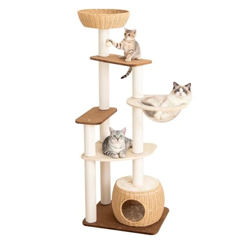 PETTIFUL Modern Cat Tree for Large Cat, 57-Inch Tall Cat Tower with Scratching Post for Indoor Cats, Multi-Level Cat Condo with Hand-Woven Cat Bed and Acrylic Bowl (White 81007DD)