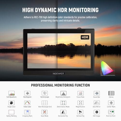 NEEWER F500 5.5 Inch Camera Field Monitor, HDR Touch Screen with 3D LUT, Waveform, Vector Scope, Full HD 1920x1080 IPS 4K HDMI Loop in/Out DSLR Video Peaking Focus Assist, Tilt Arm, Battery 6