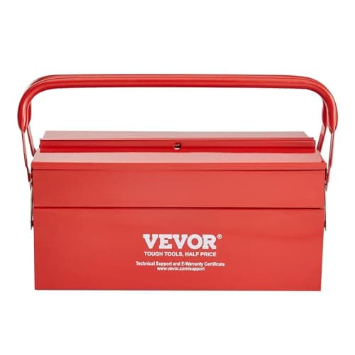 VEVOR Metal Tool Box, 14-inch, 2-Tier 3-Tray Portable Folding Tool Chest Organizer with Handle & Lock Hole, Powder Coated Steel, Cantilever Toolbox for Household Factory Warehouse Repair Shop, Red 9