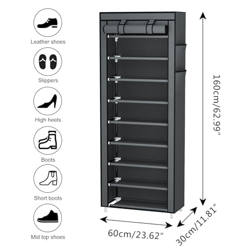 Calmootey 9 Tier Shoe Rack Organizer,Portable Shoe Shelf with Nonwoven Fabric Cover for Closet Hallway,Bedroom,Entryway,Grey 3