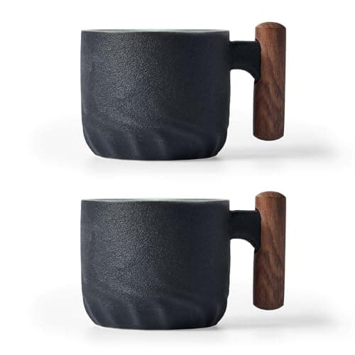 BlogBlog Ceramic Espresso Cups with Wooden Handle Espresso Shot Cups Ceramic Tea Cups Porcelain Demitasse Cups for Coffee or Tea, 2oz (black, 2)