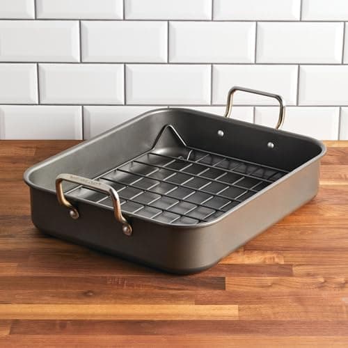 Rachael Ray Bakeware Nonstick Roaster/Roasting Pan with Reversible Rack, 16.5 Inch x 13.5 Inch, Gray 5
