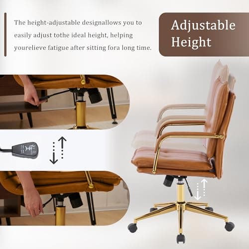 MOJAY Office Chair, Leather Desk Chair, Brown Desk Chair, Mid Century Modern Office Chair, Swivel Comfy Upholstered Wide Seat Chair with Gold Legs and Armrests for Home, Office (Camel&Golden) 5