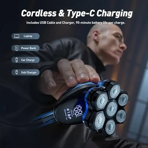 Clforczh Electric Head Shaver for Bald Men PRO,2025 Upgraded 7D Magnetic Detachable Head Shaver,IPX7 Waterproof Wet/Dry,Type-C Fast Charging with LED Display,Grooming Kit,Travel Lock,Purple 5