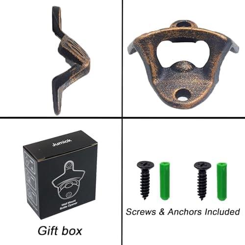 Jumiok Antique Copper Wall Mounted Bottle Opener Rustic Cast Iron Beer Cap Opener Screw in Wall for Wooden Board Carrier 5
