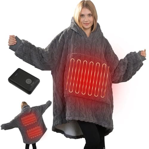 Dowin Heated Wearable Blanket Battery Powered, Come with 5000mAh Portable Rechargeable Charger, USB Fannel Sherpa Oversized Hoodie Sweatshirt, Machine Washable, Grey