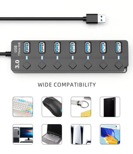 USB 3.0 Hub, PANPEO 7-Port USB Data Hub Splitter with 3ft Long Cable USB Extension for Laptop,PC Computer,Surface Pro, PS4/5, Flash Drive, Mobile HDD - with LED Individual On/Off 7