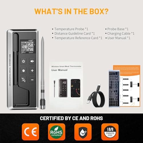 Wireless Meat Thermometer with Smart Timer & APP Control, 800ft Bluetooth Grill Food Thermometer - 0.19In-Ultra Thin Probe, ±0.5℉ Accuracy, Digital Backlit Screen for BBQ, Oven, Smoker, Kitchen 7