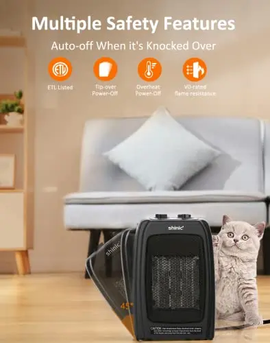 shinic Space Heater for Indoor Use, 1500W/900W Ceramic Space Heater, 1s Fast Heat, Overheat and Tipover Protection, Portable Electric Heater, Quiet Office Small Room Desk Heater, Black 5