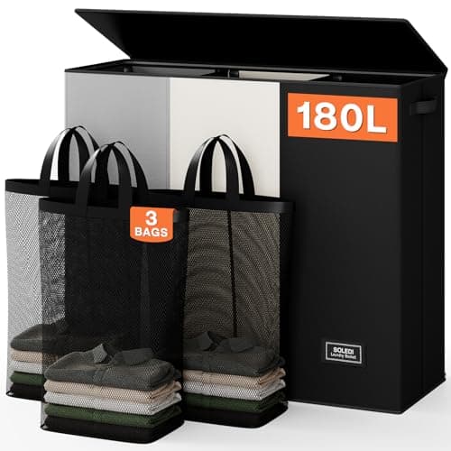 SOLEDI Laundry Hamper 3 section with lid and 3 Pcs Bag, Large Hamper 3 compartment 180L, Laundry Basket Laundry sorter Clothes hamper for Laundryroom Bedroom Blanket Storage Organizer