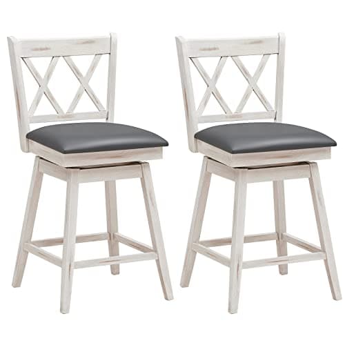 COSTWAY Bar Stool Set of 2, 360° Swivel Counter Height 25inch Bar Stool with Foot Rest Upholstered Cushion & Ergonomic Backrest, Sturdy Frame, for Pub, Kitchen Islands (2, Antique White + Grey)