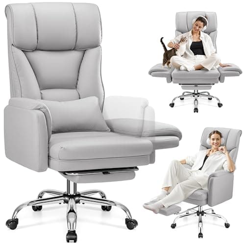Big and Tall Office Chair, 400LBS Wide Leather Gaming Chair, High Back Executive Chair, Reversible Armrest for Pets 135° Reclining Cross Legged Desk Chair with Lumbar Support Footrest(Silver Gray)