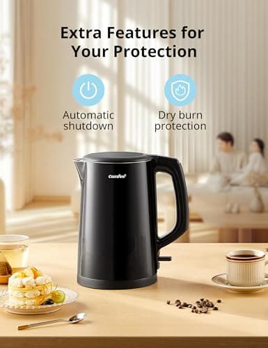 COMFEE' Electric Kettle and Tea Kettle, 1.5L Double Wall, Stainless Steel Interior, Lid & Spout, Fast Boil, Auto-Off, and Boil-Dry Protection, 1500W 6
