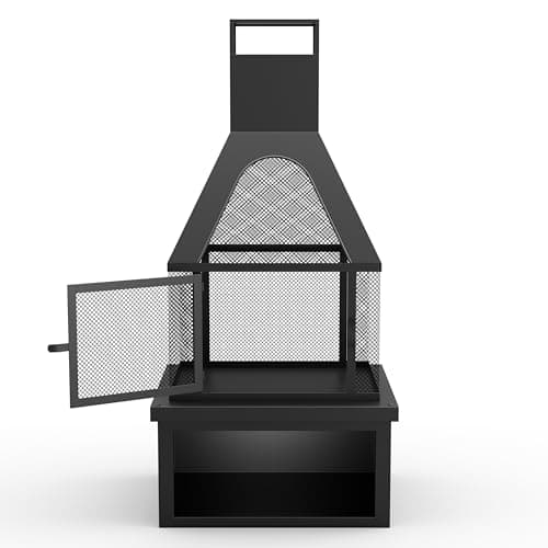 43" H Living Outdoor Wood Burning Fire Pit with Wood Storage,Chiminea Fireplace with Mesh Spark Screen Doors, Black 8