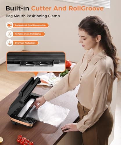Vacuum Sealer Machine, 95KPa Commercial Food Saver with Double Seal Strips for 2X Strength, Built-in Cutter & Bag Storage, Easy-Lock Handle, Includes 1 Roll & 10 Pre-cut Bags, Black 7