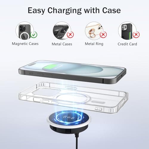 Wireless Magnetic Charger Desk Mount 15W Fast Charger for iPhone 17 16 Pro Max 15 14 13 12 Series,Magnet Qi Charging Pad/Station for AirPods,Recessed Hidden Under Desktop Hole Save Nightstand Space 7