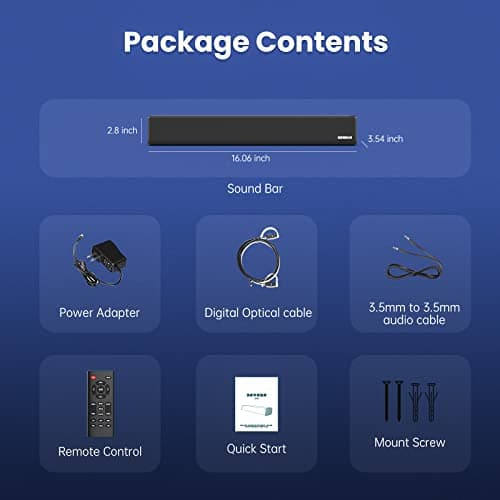 Sound Bar, BESTISAN 50 Watts Soundbar with HDMI, Optical, AUX, USB,Sub Out and Bluetooth Connection, DSP, Bass Adjustable, 16 Inch, Mountable 7