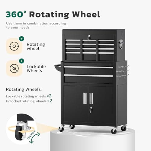 Greenvelly Metal Tool Chest,8-Drawer Rolling Tool Cart with Wheels,2 in 1 Detachable Tool Cabinets,Tool Box,Liners and Locking System for Garage,Warehouse,Workshop, Barbershop(Black) 6