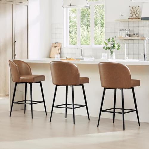 Watson & Whitely Counter Height Bar Stools Set of 3, 360° Swivel Upholstered Barstools with Backs and Metal Legs, 26" H Seat Height, Faux Leather in Saddle Brown