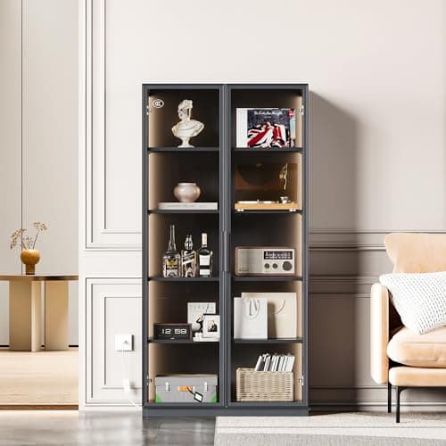 SISESOL Display Cabinet with Glass Doors and Light,Glass Display Cabinet,Dark Grey Storage Cabinets,Curio Bookcase with 5 Shelves for Collectibles,Home,Office,Living Room 5
