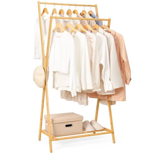Cozivolife Bamboo Clothes Rack with Storage Shelf, Portable Garment Holder Clothing Hanger for Hanging Cloth, Foldable Wardrobe Storage for Entryway and Bed Room (Natural)
