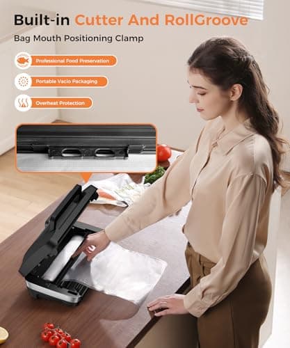 95kpa Vacuum Sealer Machine,Commercial Full Automatic Food Sealer,10-in-1 Sealing System with Double Heat Seal,Bags Storage, Easy-Lock Handle,Build-in Cutter,1 Bag Rolls and 10 pcs Pre-cut Bags 7