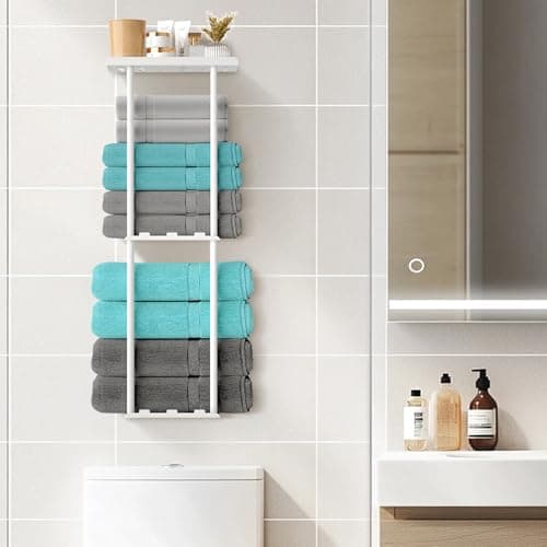 KISENG Towel Racks for Bathroom, 3 Tier Metal Towel Holder, with Shelf & 6 Hooks, 29 inch Wall Mounted Towel Storage, 6 Large Bath Towels Capacity,Small Bathroom Towel Rack for Rolled Towels, White 7