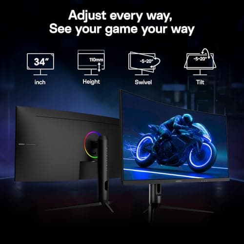 KOORUI 34 inch 240Hz Ultrawide Curved Gaming Monitor 3440x1440P, 21:9 Display, 1500R Curvature. 1MS, PIP/PBP, Support Adaptive Sync, DP, HDMI, PS5,Vesa 6