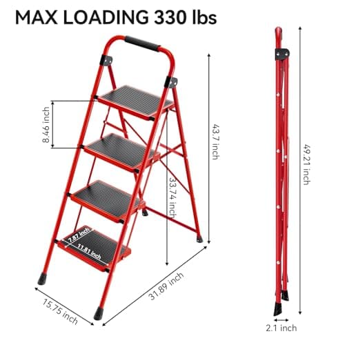 KINGRACK Step Ladder, Folding Ladder with Non-Slip and Wide Pedal, Small Ladders with Handle, Heavy Duty Steel Ladder, Lightweight Step Ladder (Red, 4 Step Ladder) 6