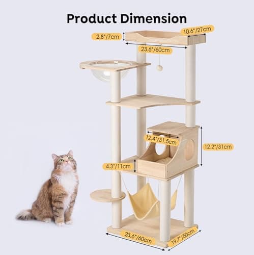 Veehoo Cat Tree Tower-64 Inches Modern Cat Tree for Indoor Cats, Solid Wood Cat Tree with Cat Condo/Cat Perches/Scratching Post and Hammock, Tall Wooden Cat Tree for Large Cats 6