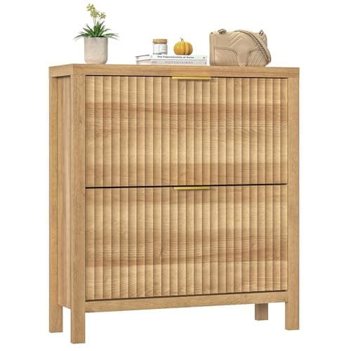 YOMILUVE Shoe Cabinet Storage for Entryway, Fluted Shoe Cabinet with 2 Flip Drawers, Hidden Shoe Rack Tall Freestanding Shoe Organizer with Legs for Hallway, Oak
