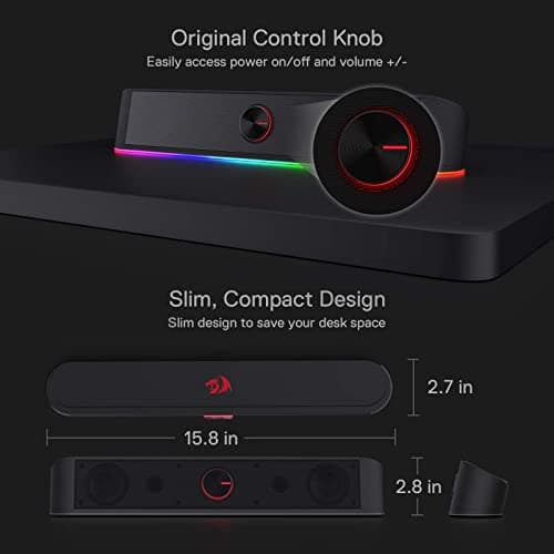 Redragon GS560 RGB Desktop Soundbar, 2.0 Channel Computer Speaker with Dynamic Lighting Bar Audio-Light Sync/Display, Touch-Control Backlit with Volume Knob, USB Powered w/ 3.5mm Cable, Black 7