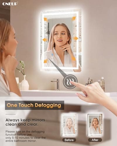 oneup 16x24''Small Bathroom Mirror with Lights,Front Lighted Bathroom Mirror for Wall,Stepless Dimmable,Anti-Fog,Modern LED Vanity Mirror,Memory,Touch Botton 6