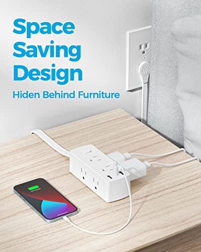 Power Strip Surge Protector, Olcorife Ultra Thin Flat Plug Extension Cord 5ft, 6 Outlets 3 USB Ports(1 USB C), 3 Sided Outlet Extender for Home Office Travel Dorm Room Essentials, White 4