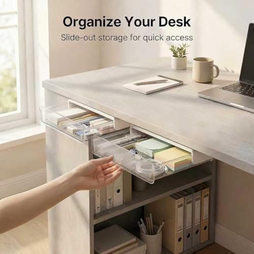 Self-adhesive Under Desk Drawer Organizer, 2 Pack Table Hidden Slide Out Large Storage Mounted Desktop Pencil Holder Tray Drawers for Office Home School Stationery Kitchen (Large, White) 5
