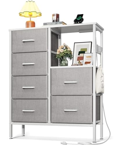 AODK Dresser for Bedroom with Charging Station, Fabric Dresser with 6 Storage Drawers and Shelves, Chest of Drawers for Closet Organizers and Storage, Living Room, Hallway, Light Grey