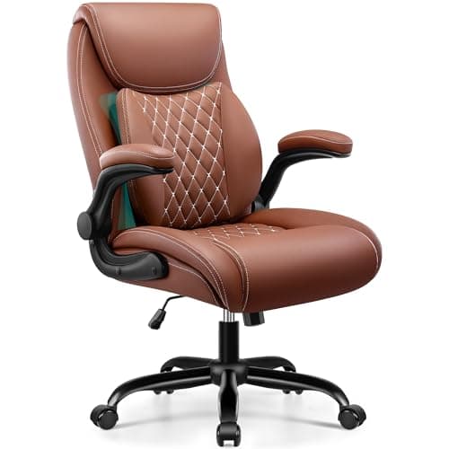 BESTFAIR Office Chair,Ergonomic Office Chair with Lumbar Support for Lower Back Pain Relief, Executive Leather Chair with Padded Flip-up Arms, Wheels and Adjustable Armrests, Brown