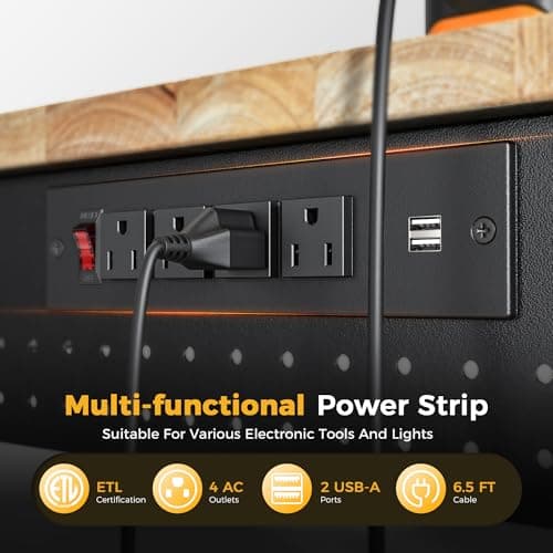 CAMMOO 47.64" Adjustable Heavy Duty Workbench, 2000 LBS Load Capacity Rubber Wood Work Table with Pegboard, Power Outlets, Work Bench for Garage, Workshop, Office, Home, Commercial 6