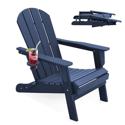 ADRDK Folding Adirondack Chair with Cup Holder, HDPE All-Weather Folding Patio Chair, Outdoor Patio Adirondack Chair for Lawn Porch Garden Backyard Deck Fire Pit, Navy