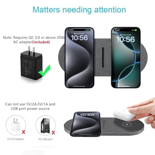 40W Wireless Charging Pad,Dual 20W Charging mat for Apple iPhone 16 15 14 13 12 11 Pro/Max/Mini/Plus/XS/XR,Airpods 4/3/Pro,2 in 1 Wireless Phone Charger for Samsung,Pixel,Xperia(with PD Adapter) 6